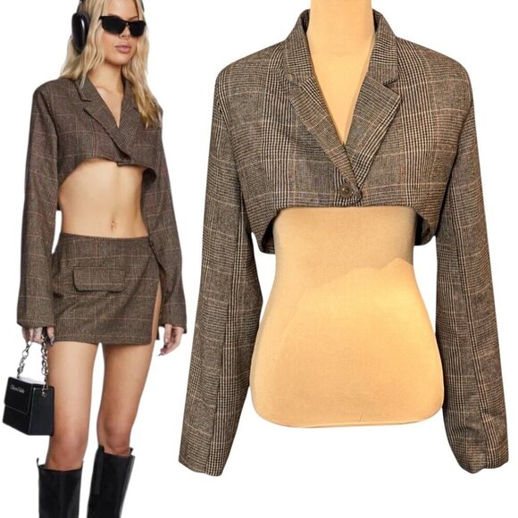 Edikted Plaid Cropped Blazer Sz.S Brown Tweed Grunge Y2K Street Style Edgy - Picture 1 of 14